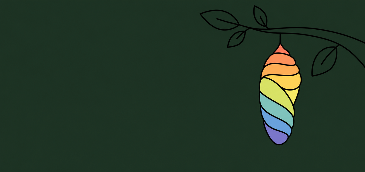 Illustrated chrysalis hanging from a branch, in the brand's rainbow line-art style